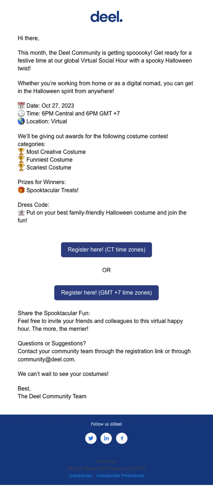Deel event invite email, full length