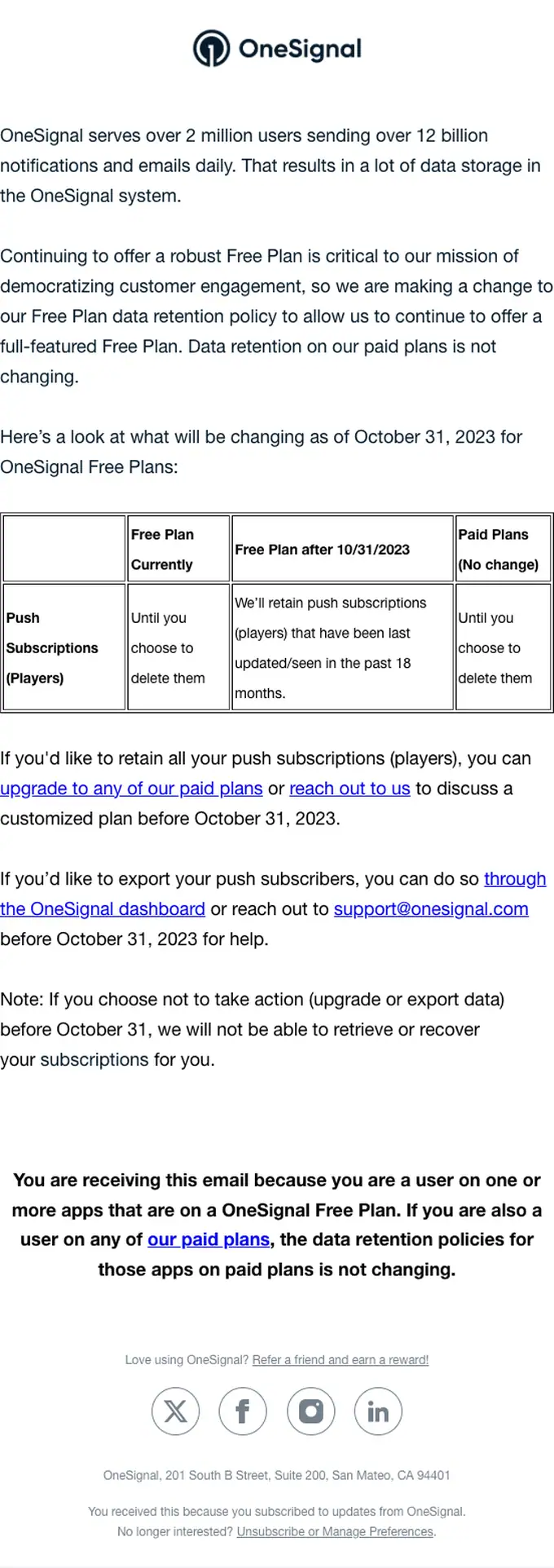 OneSignal account notice email, full length