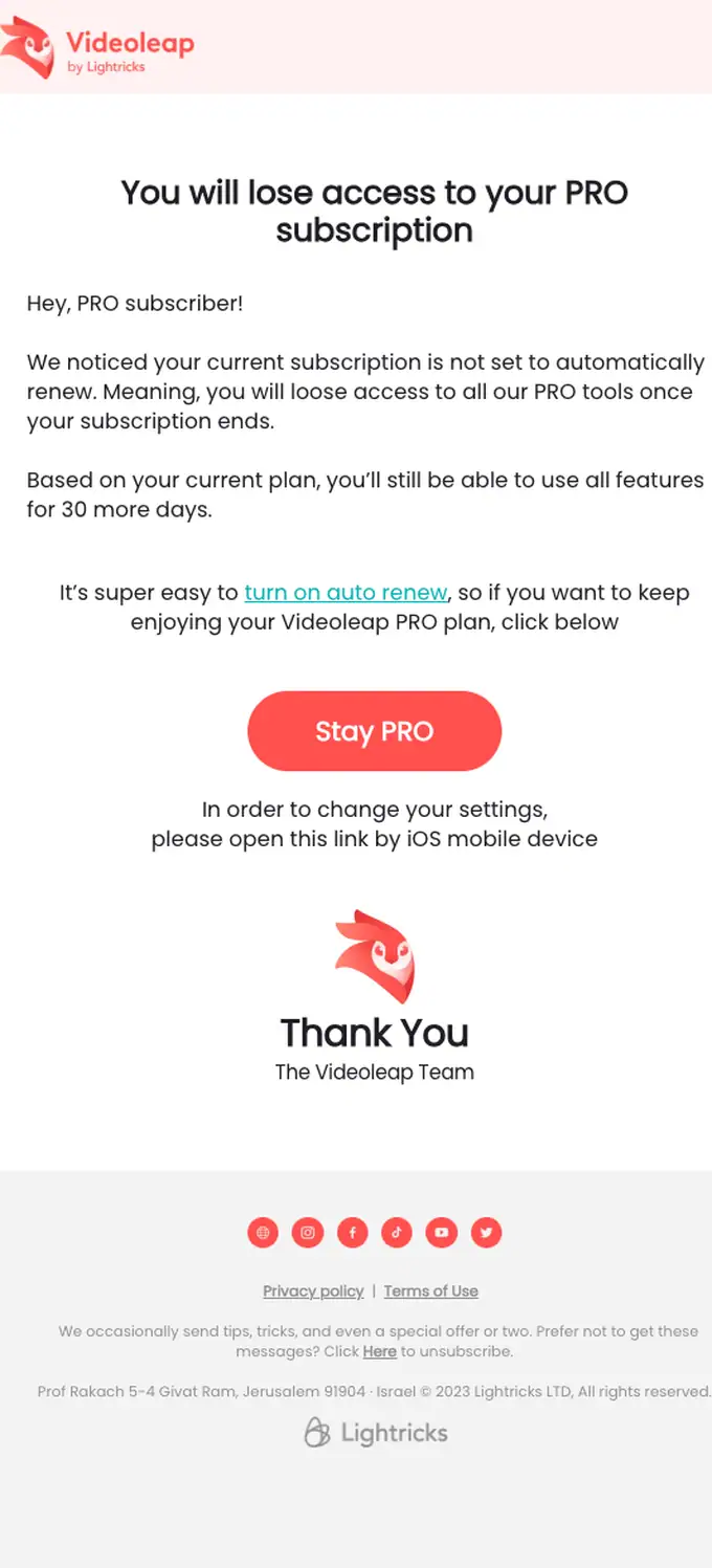 Videoleap expiration notice email, full length