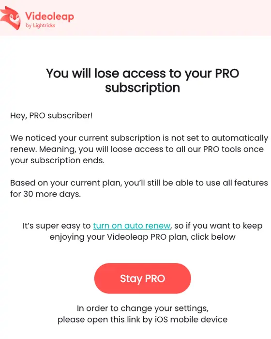 Videoleap expiration notice email