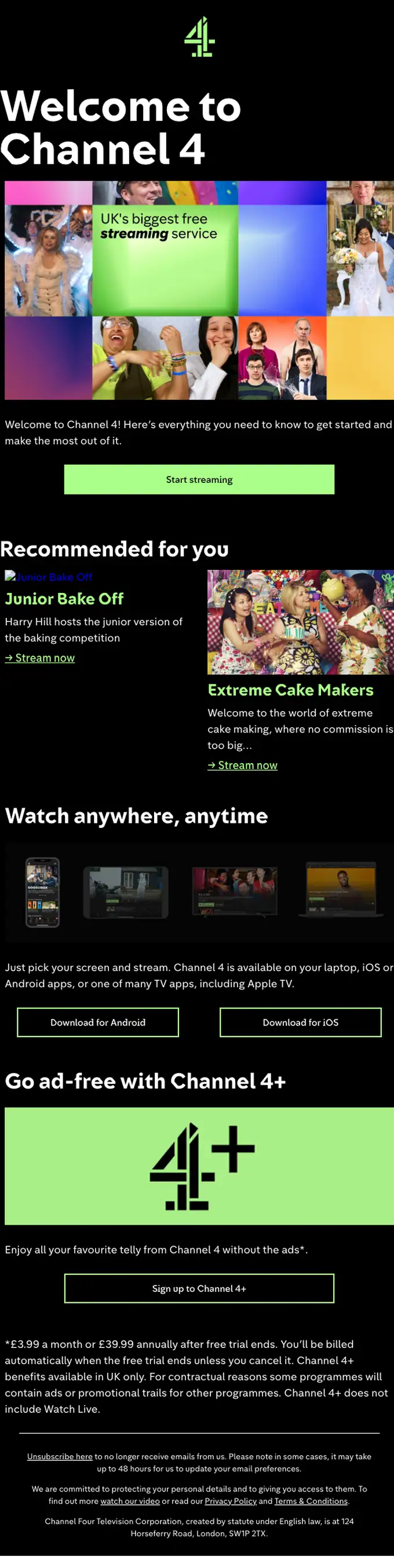 Channel 4 welcome email, full length
