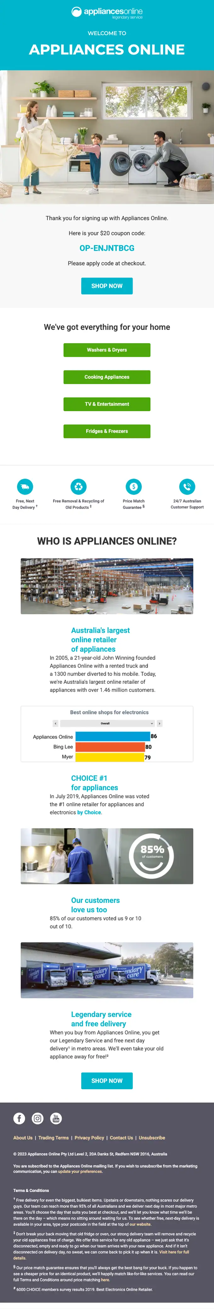 Appliances Online welcome email, full length