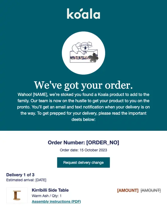 Koala order confirmation email