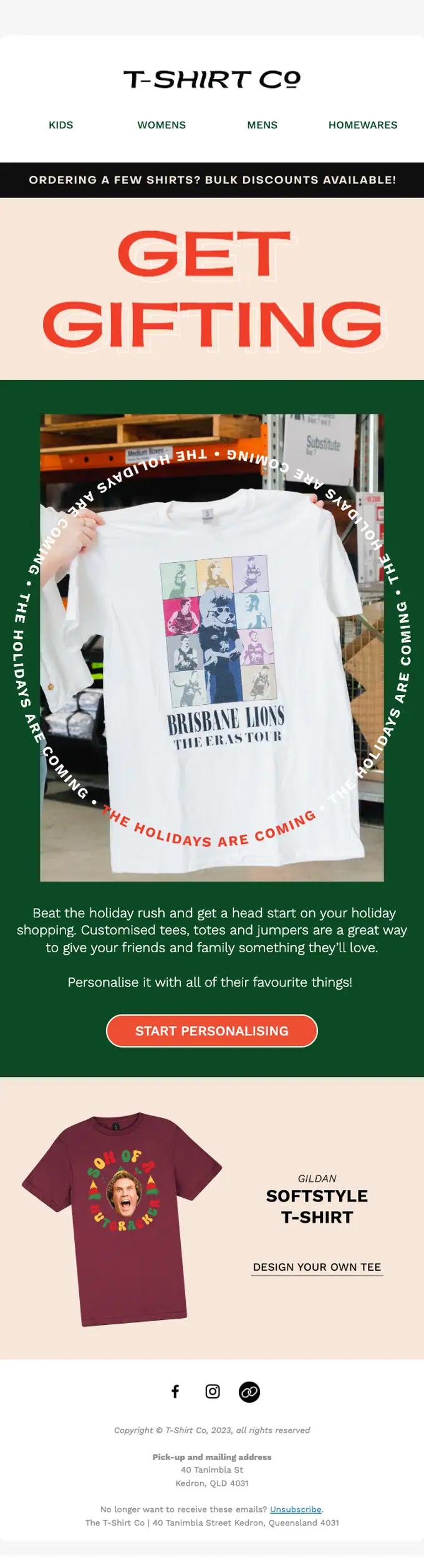 The T-Shirt Co seasonal email, full length