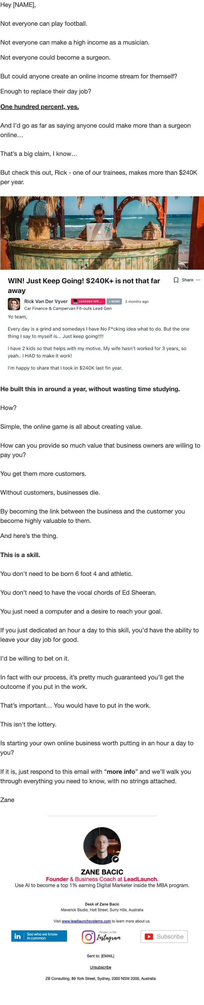 LeadLaunch promotional email, full length