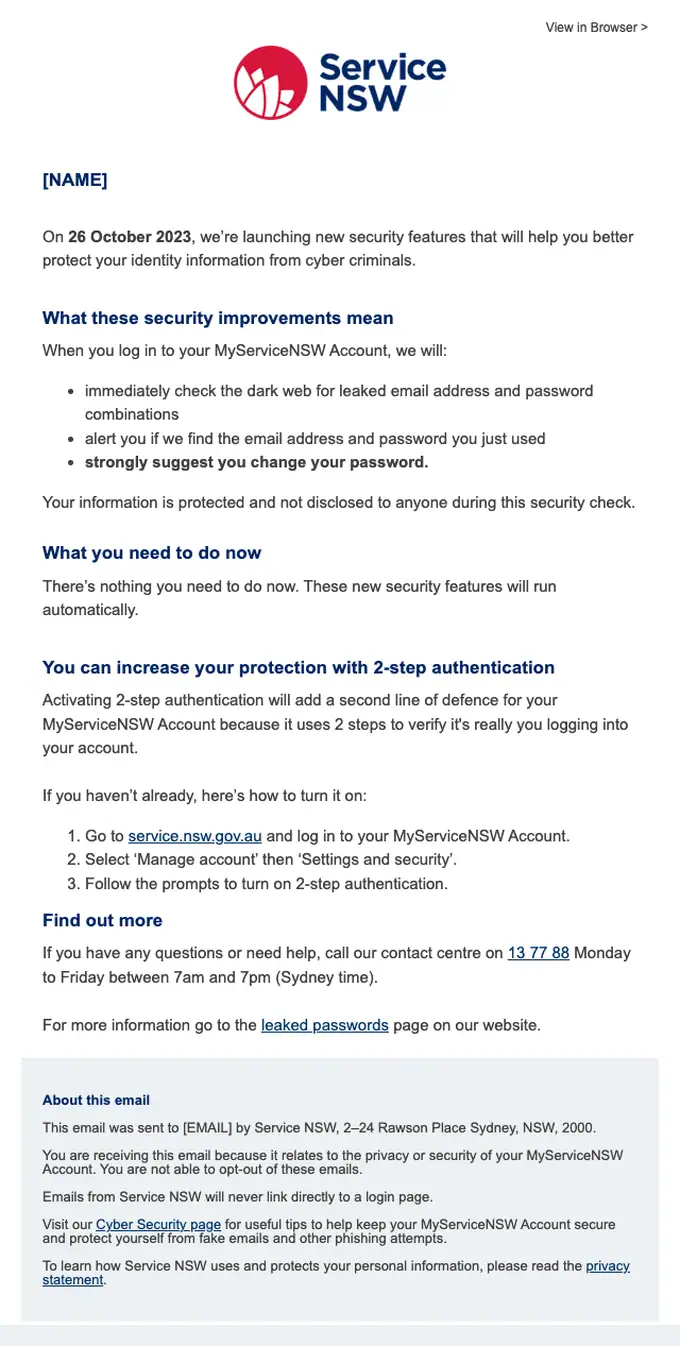 Service NSW security alert email, full length