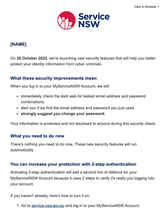 Service NSW security alert email