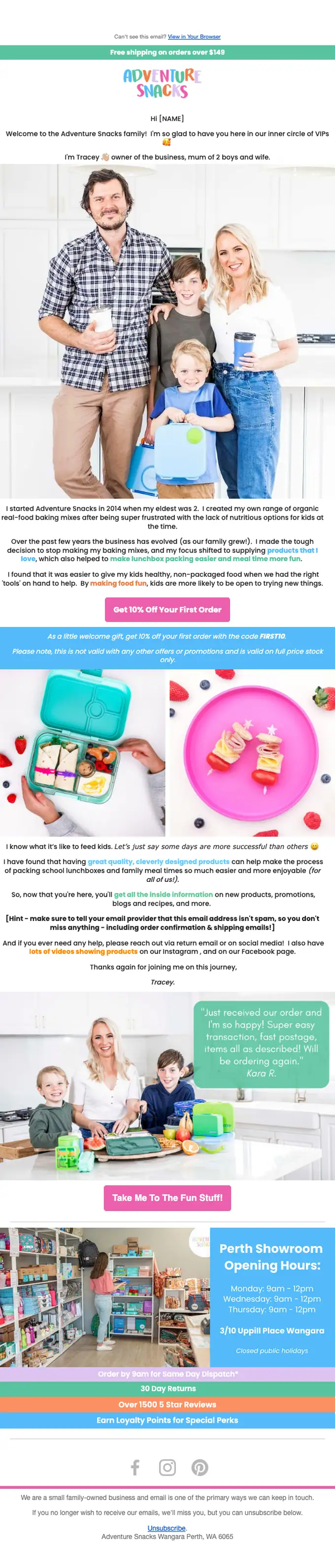 Adventure Snacks welcome email, full length