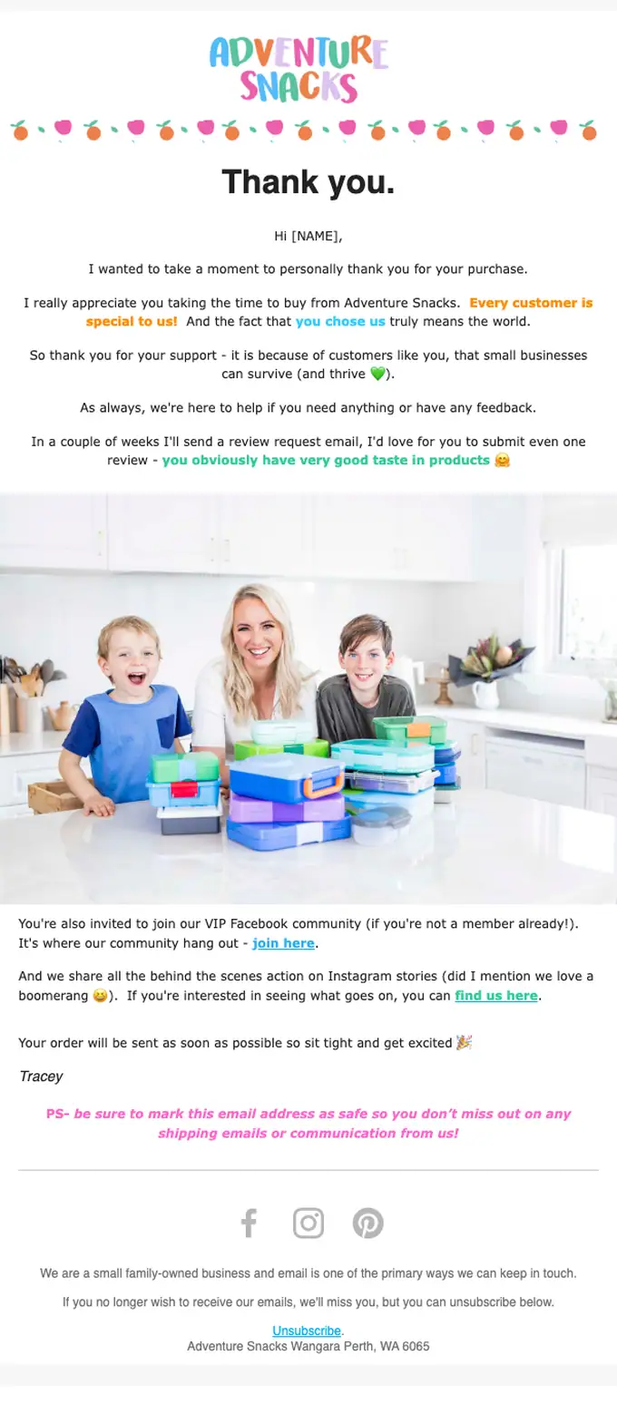 Adventure Snacks thank you email, full length