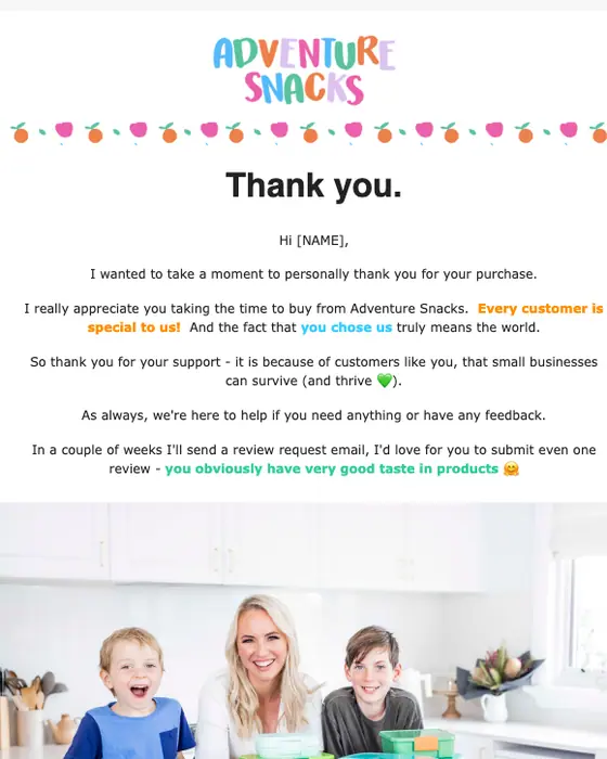 Adventure Snacks thank you email