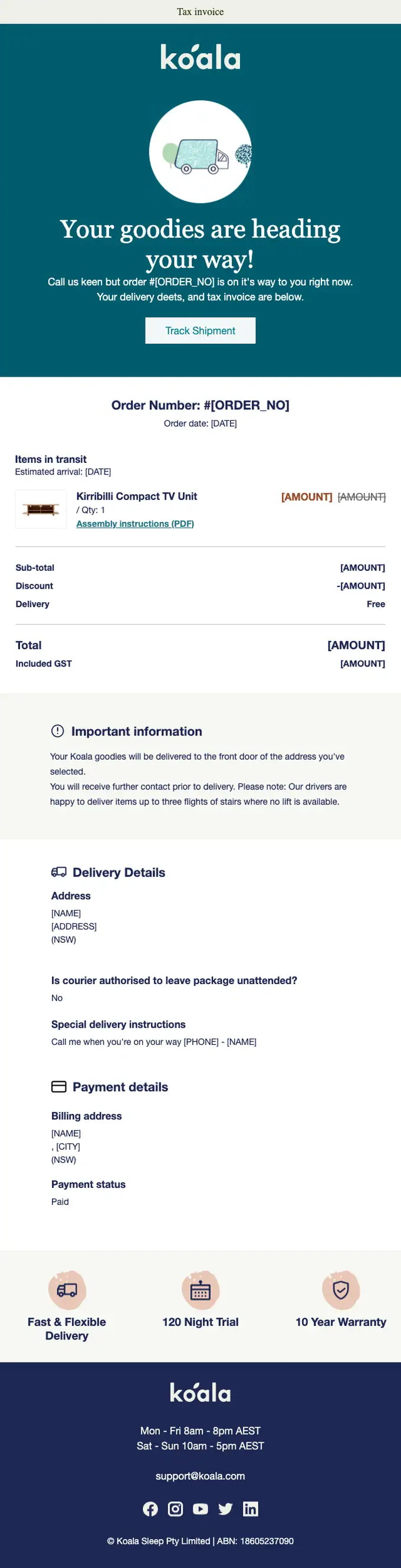 Koala shipping email, full length