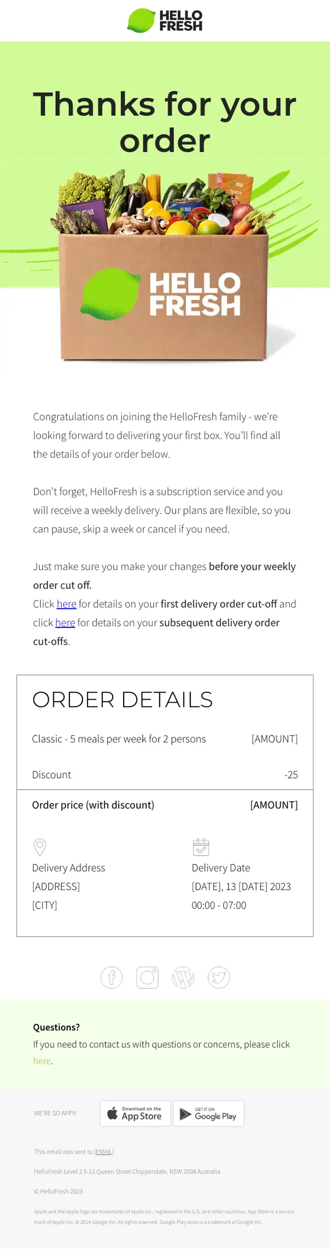 HelloFresh order confirmation email, full length