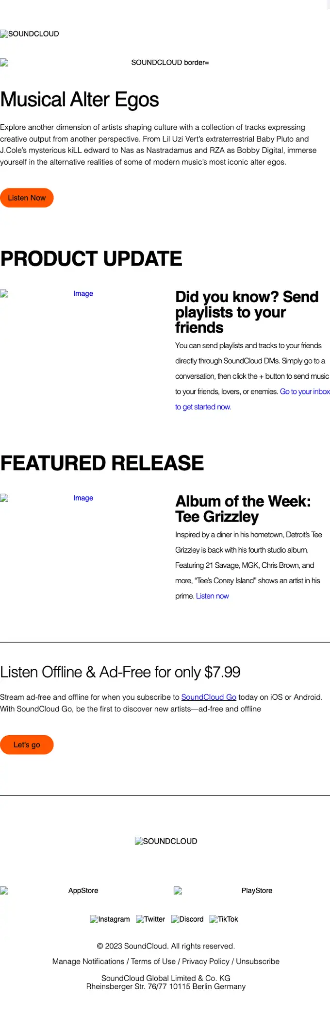 SoundCloud newsletter email, full length