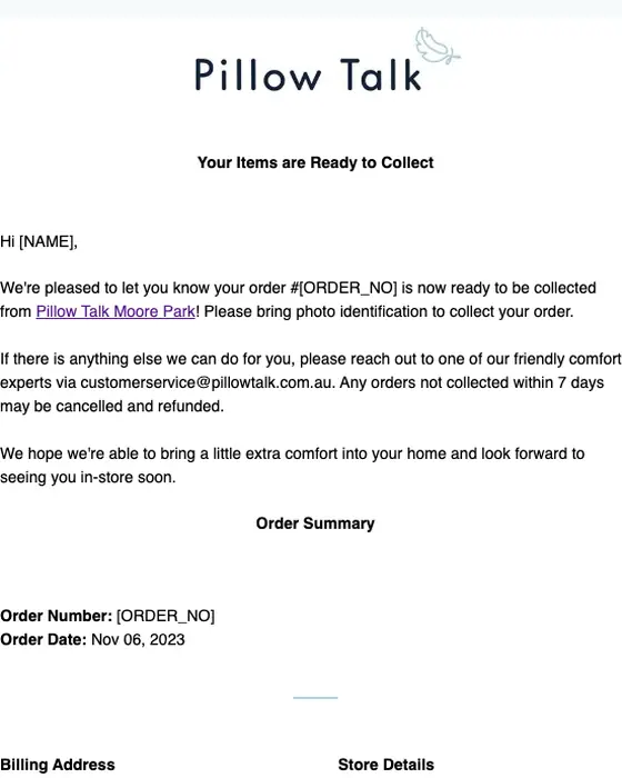 Pillow Talk shipping email
