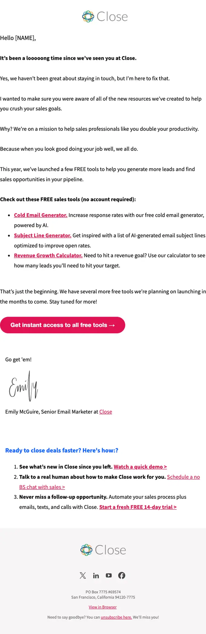 Close re engagement email, full length