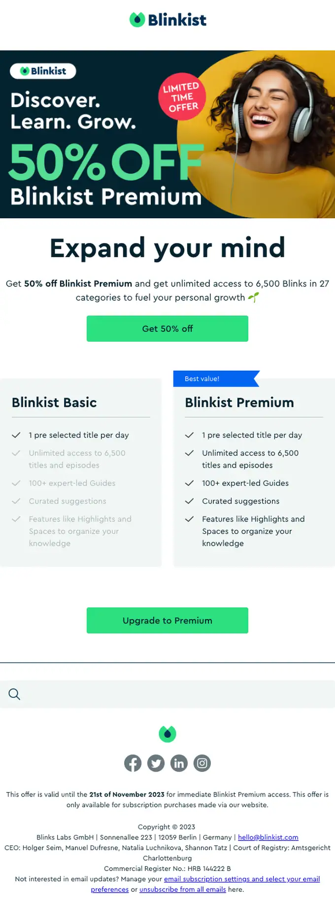 Blinkist discount offer email, full length