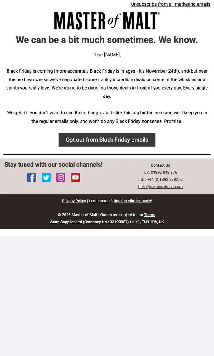 Master of Malt account notice email, full length