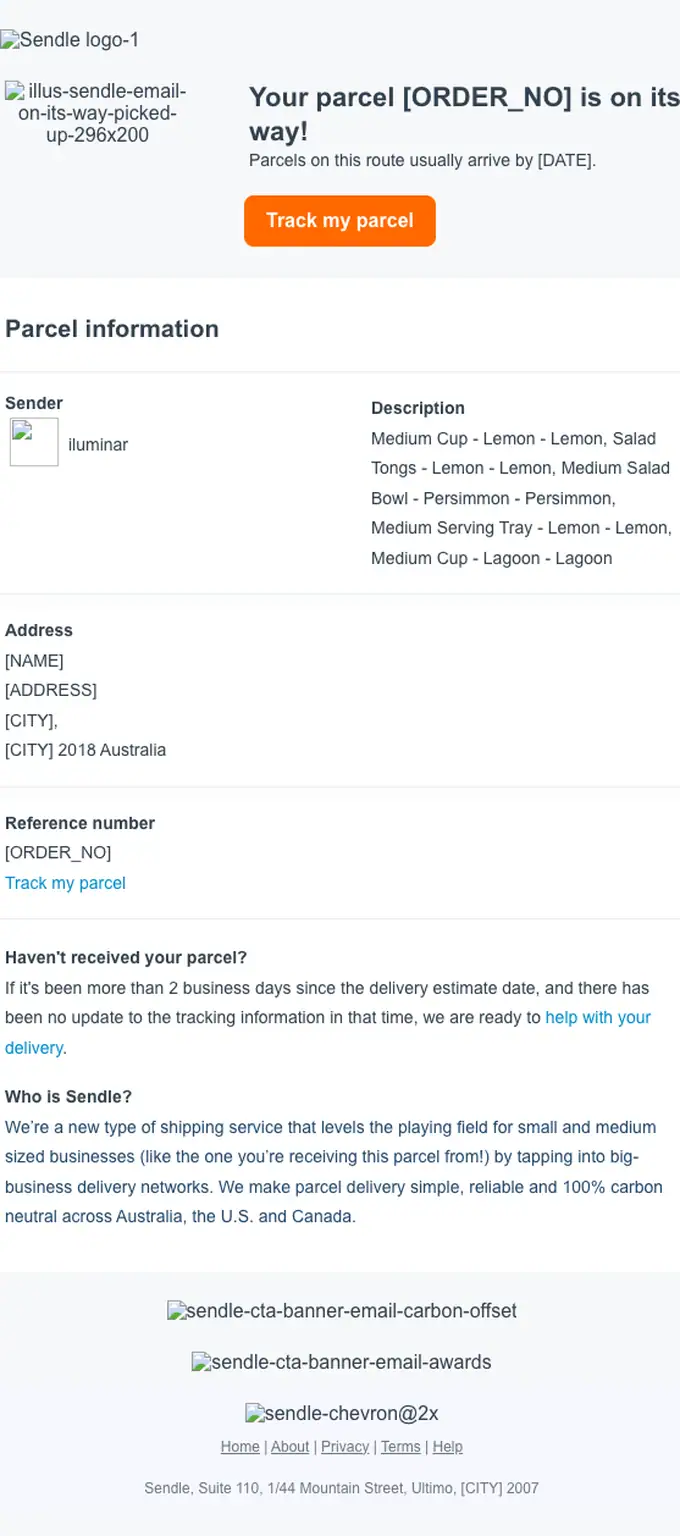 Sendle tracking email, full length