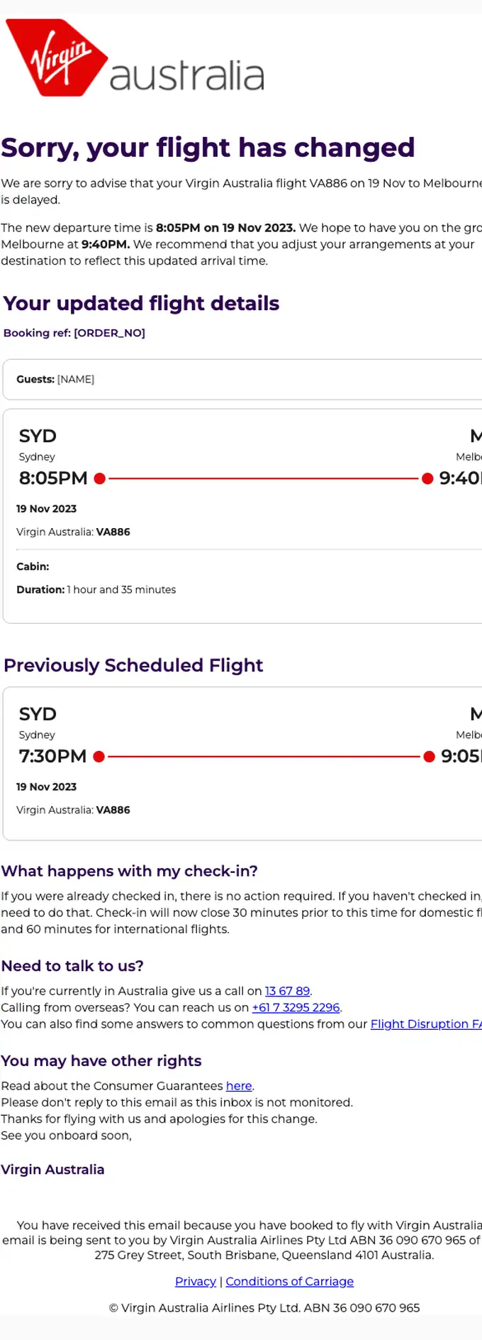 Virgin Australia account notice email, full length