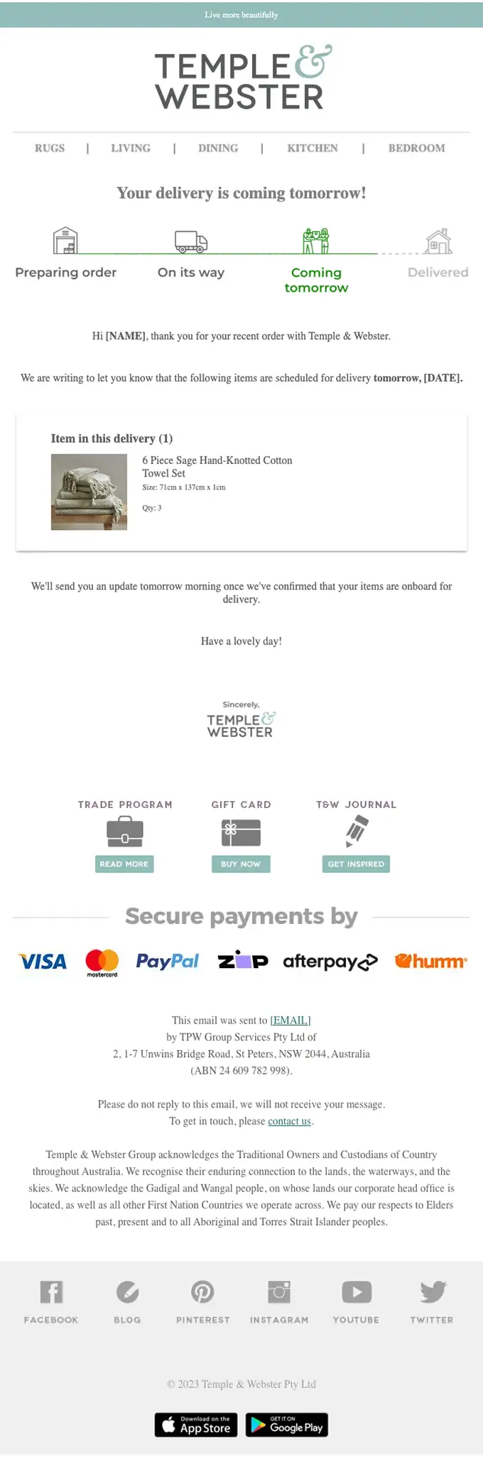 Temple & Webster delivery email, full length