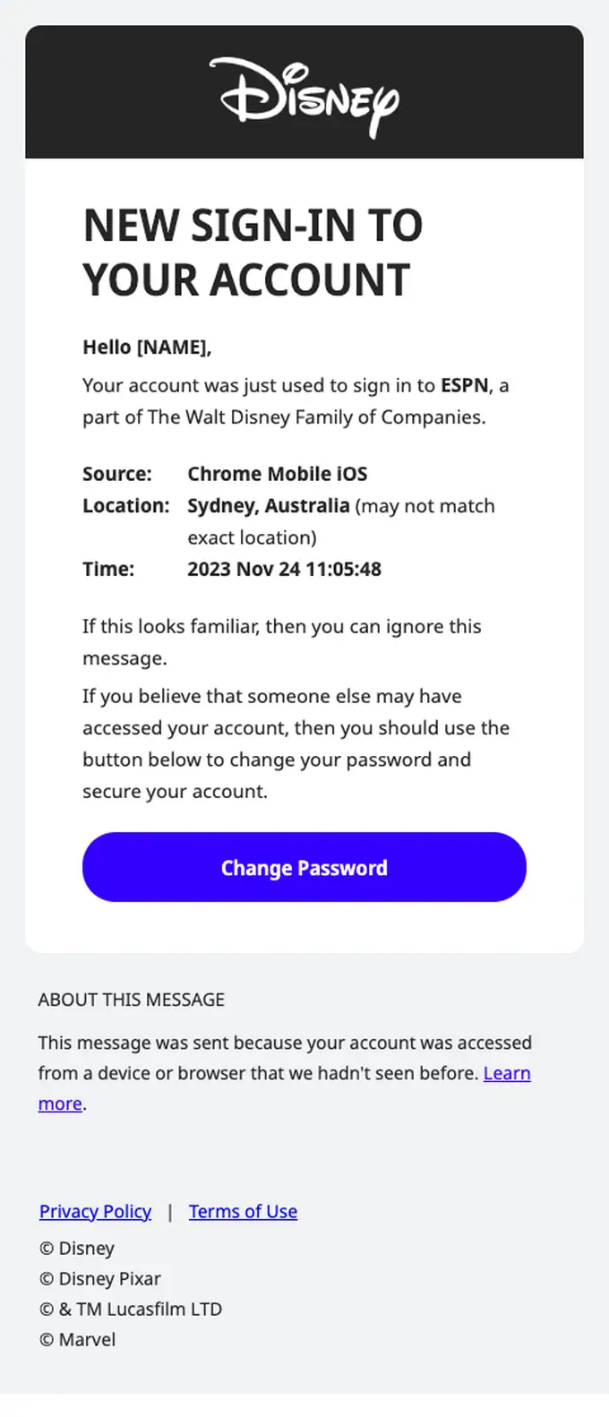 Disney Account Member Services security alert email, full length