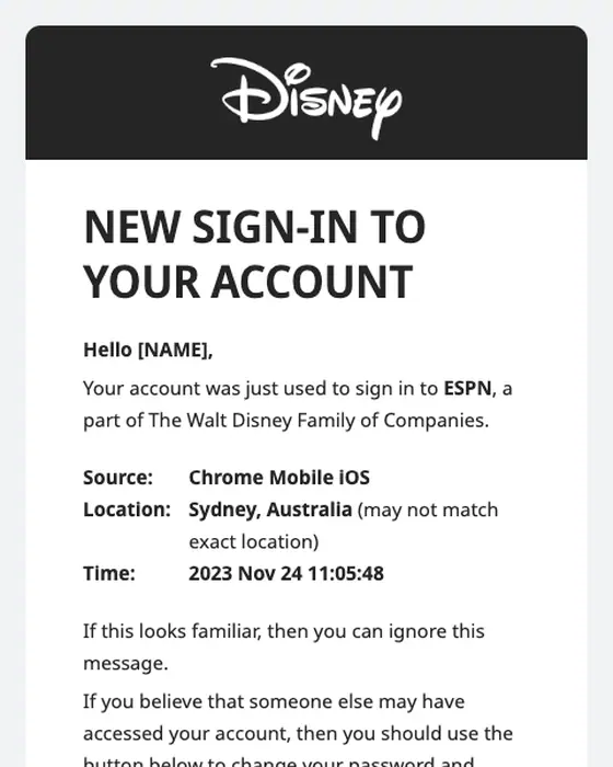 Disney Account Member Services security alert email