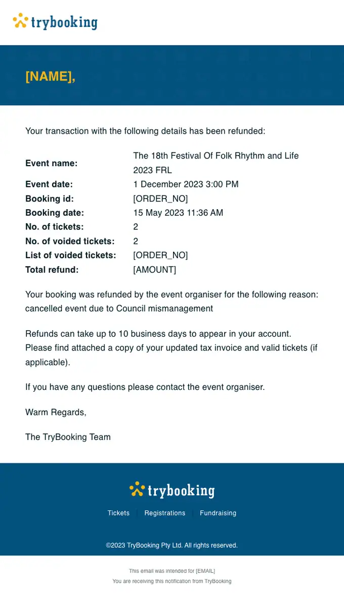 TryBooking refund email, full length