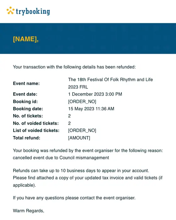 TryBooking refund email
