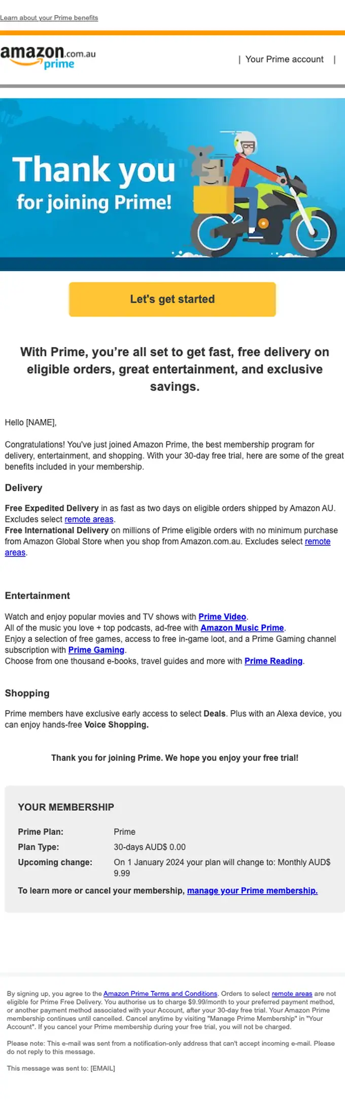 Amazon Prime welcome email, full length