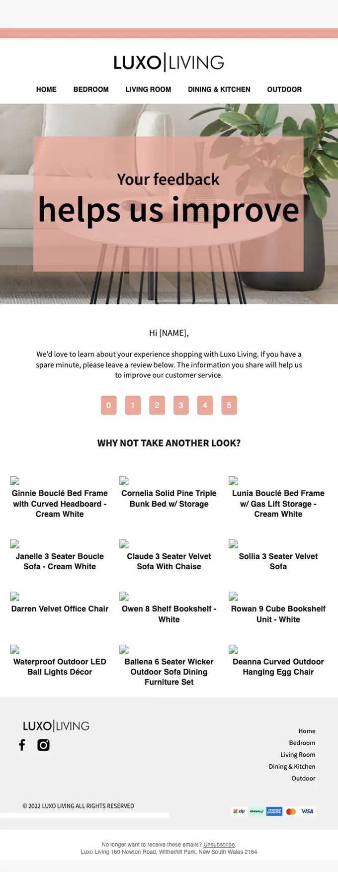 Luxo Living survey email, full length