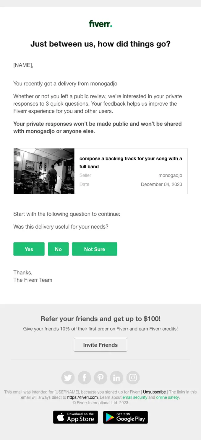 Fiverr survey email, full length