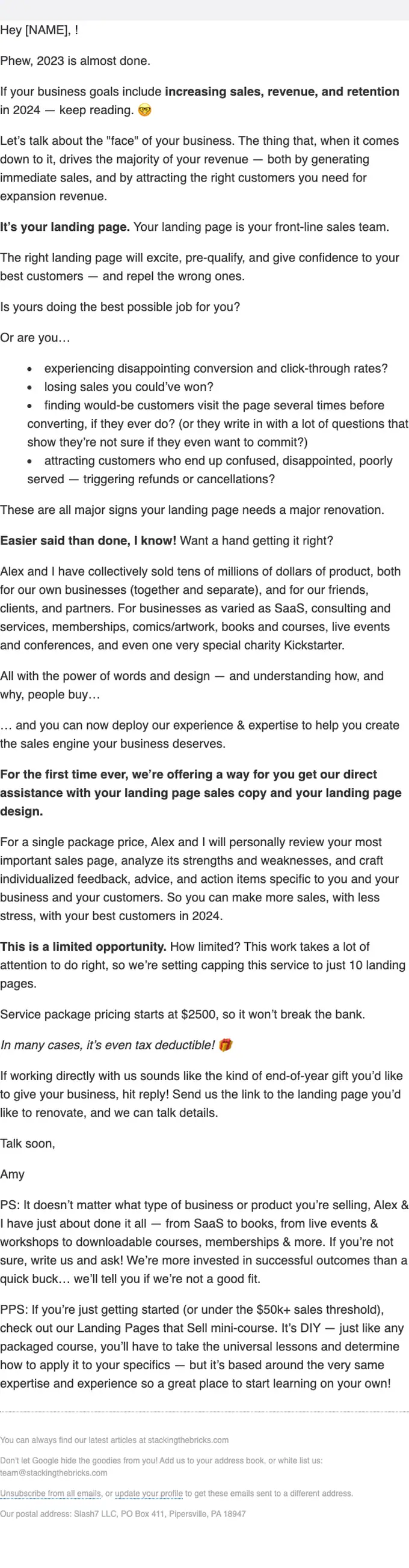 Stacking the Bricks promotional email, full length