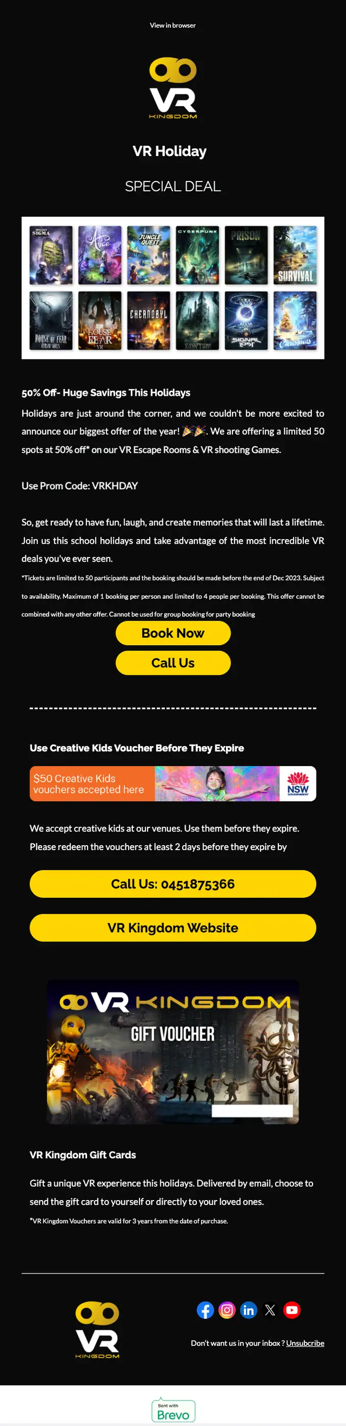 VR Kingdom discount offer email, full length