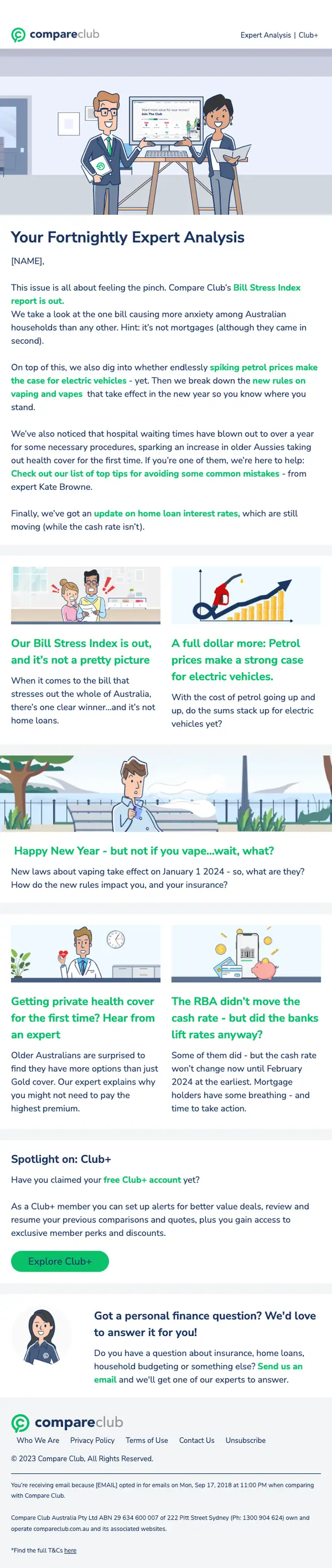 Compare Club newsletter email, full length