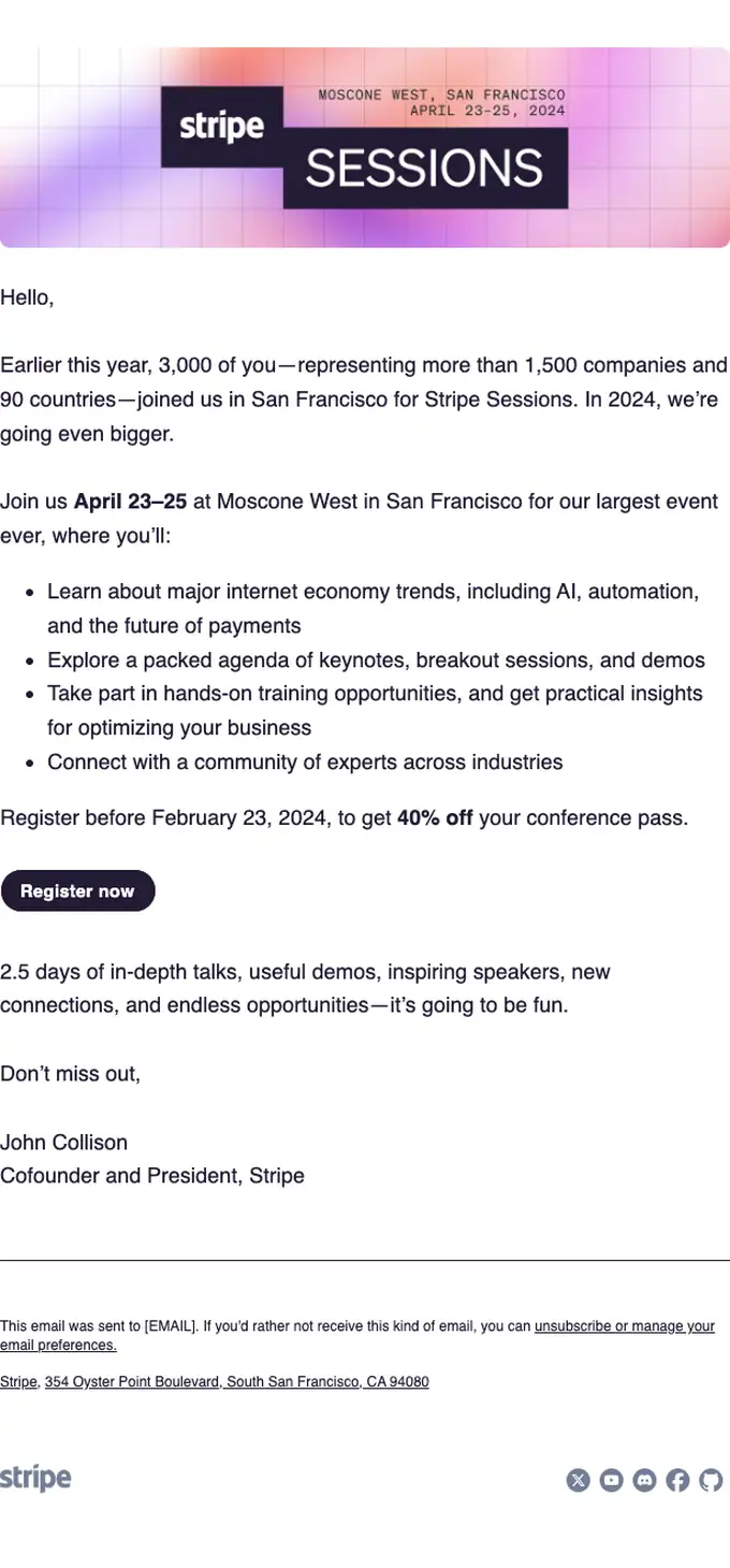 Stripe event invite email, full length
