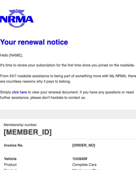 My NRMA expiration notice email
