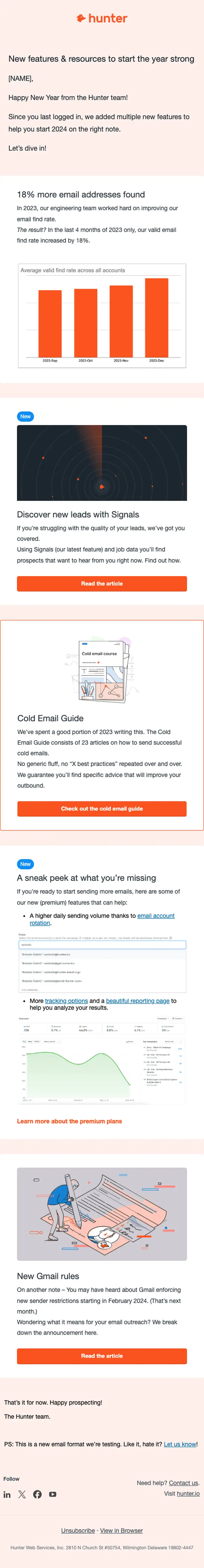 Hunter.io newsletter email, full length
