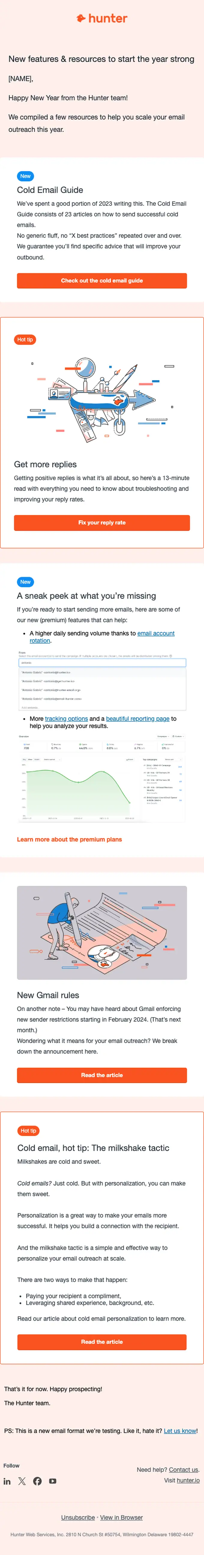Hunter.io newsletter email, full length