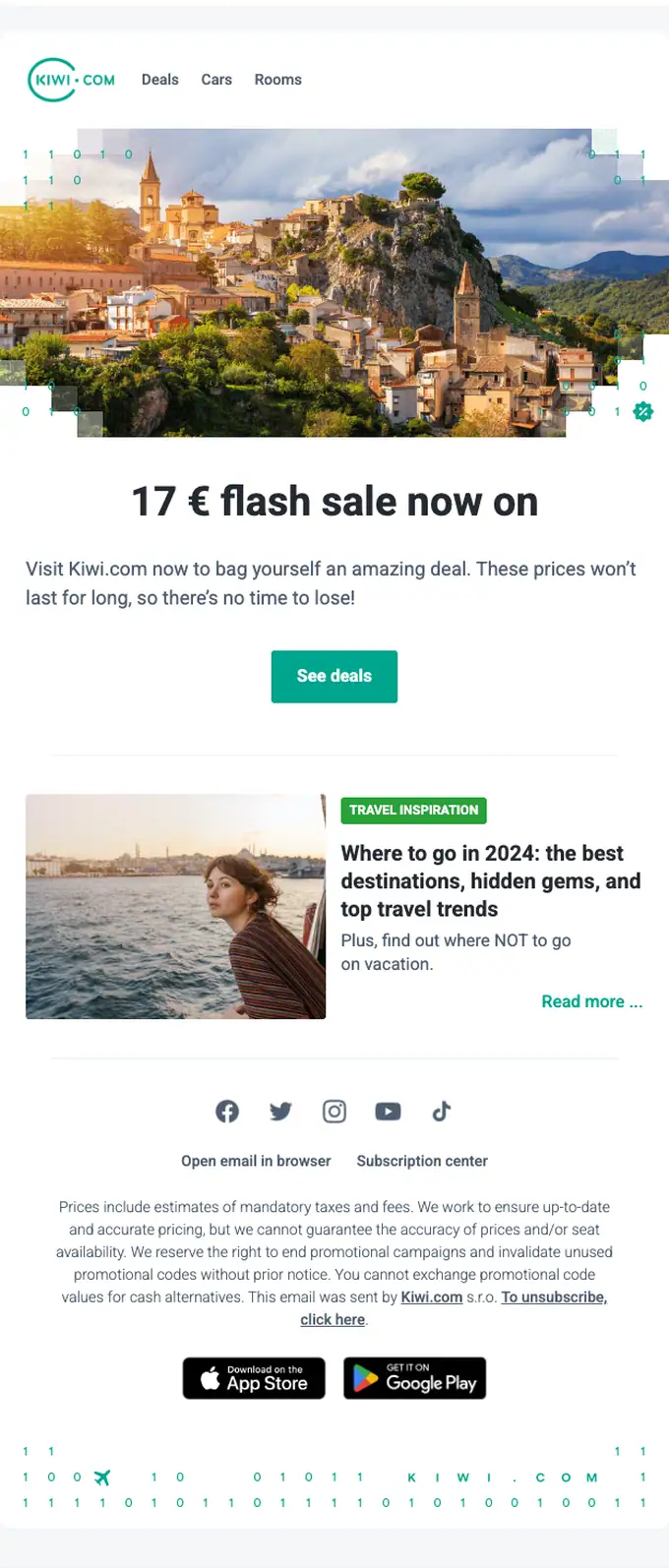 Kiwi.com promotional email, full length