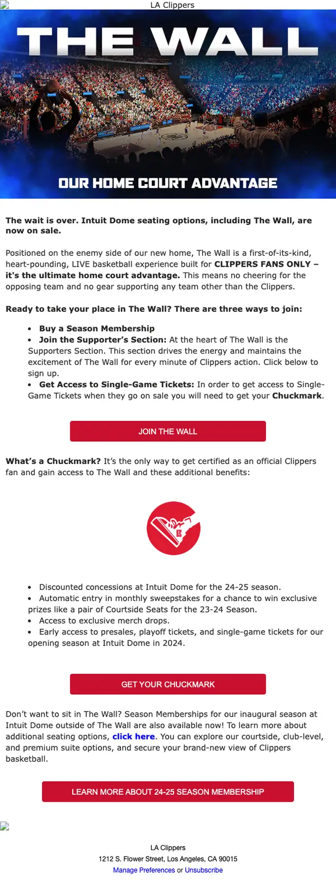 LA Clippers promotional email, full length