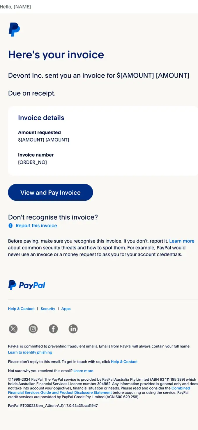 PayPal invoice email, full length
