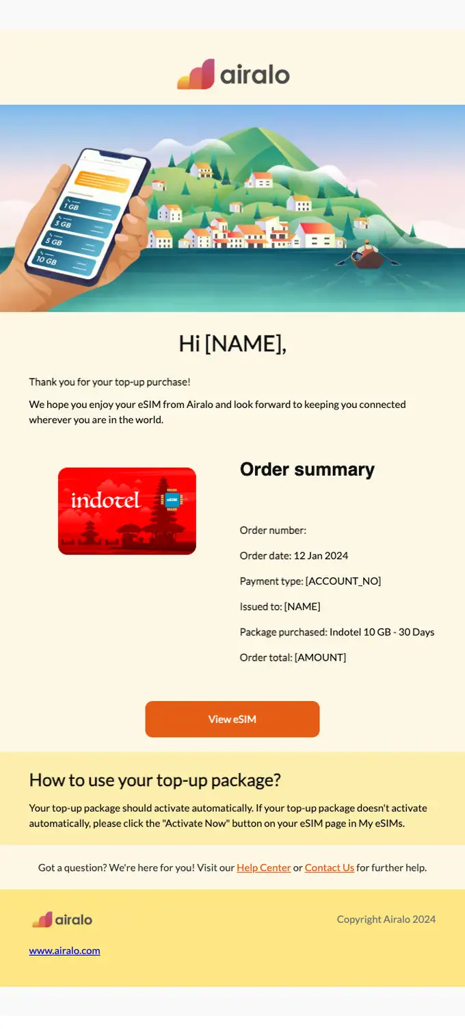 Airalo order confirmation email, full length