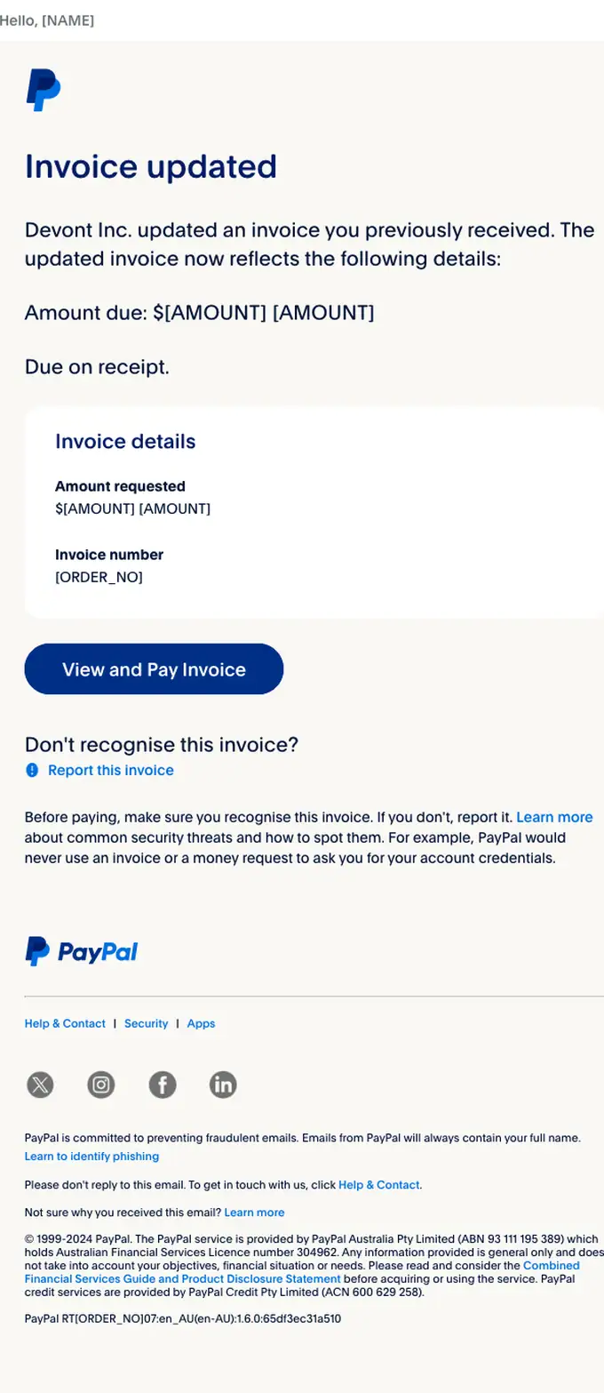PayPal invoice email, full length