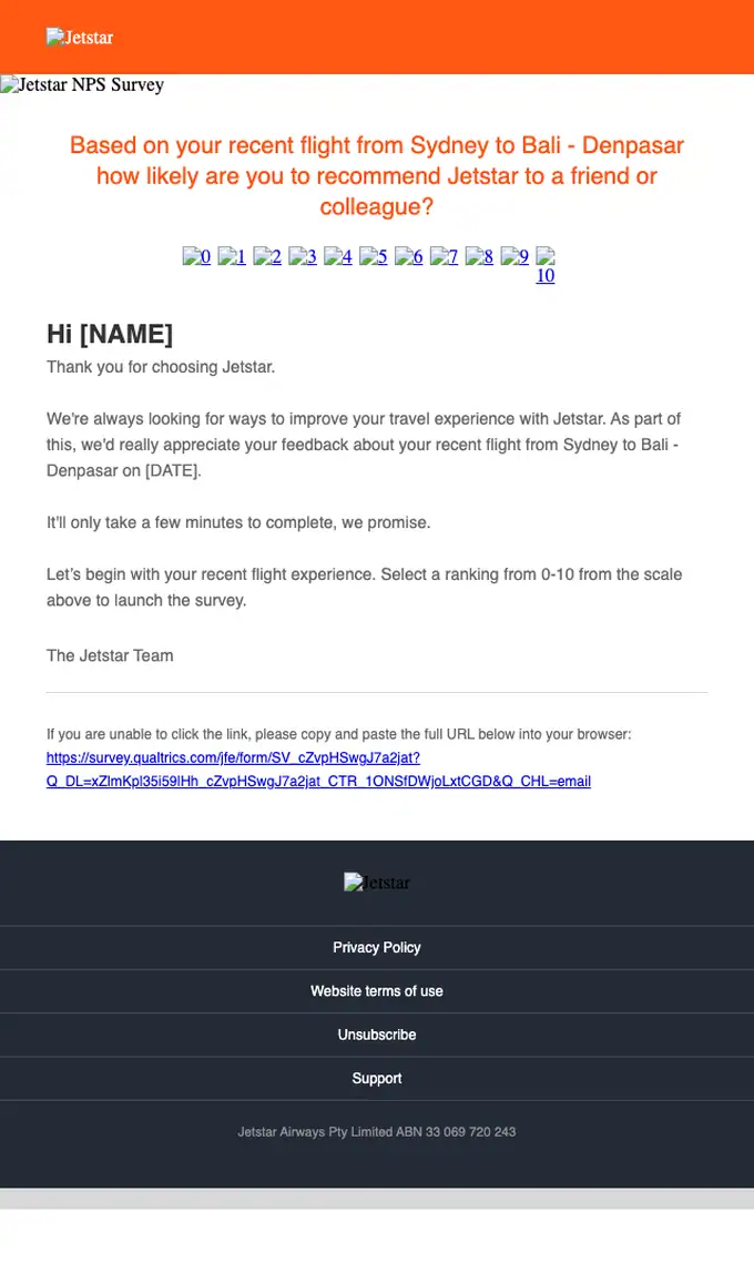 Jetstar survey email, full length