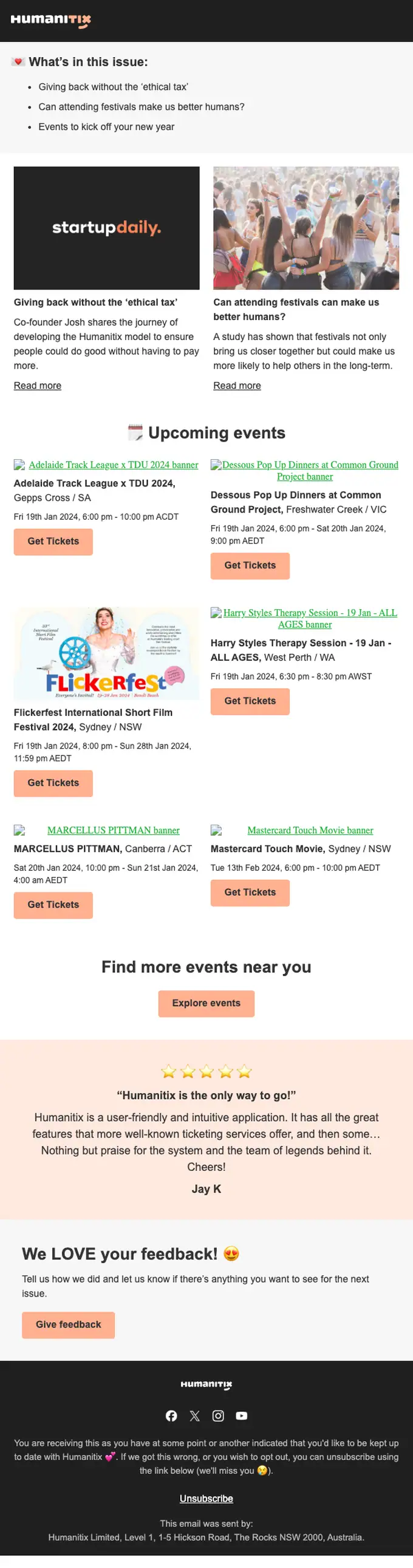 Humanitix newsletter email, full length