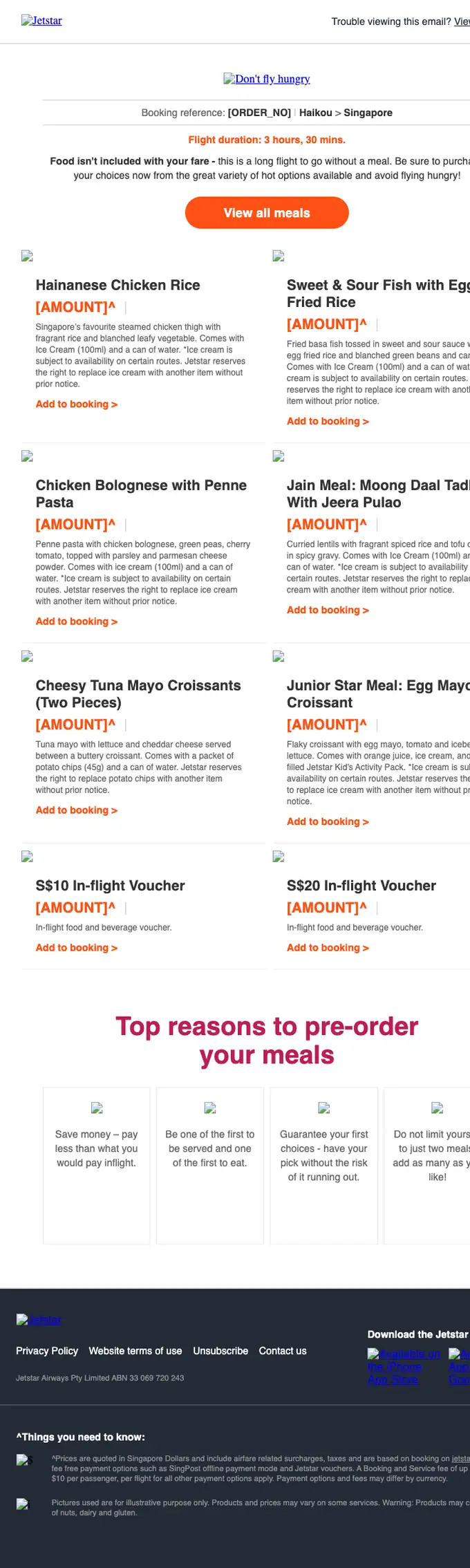 Jetstar Airways order reminder email, full length