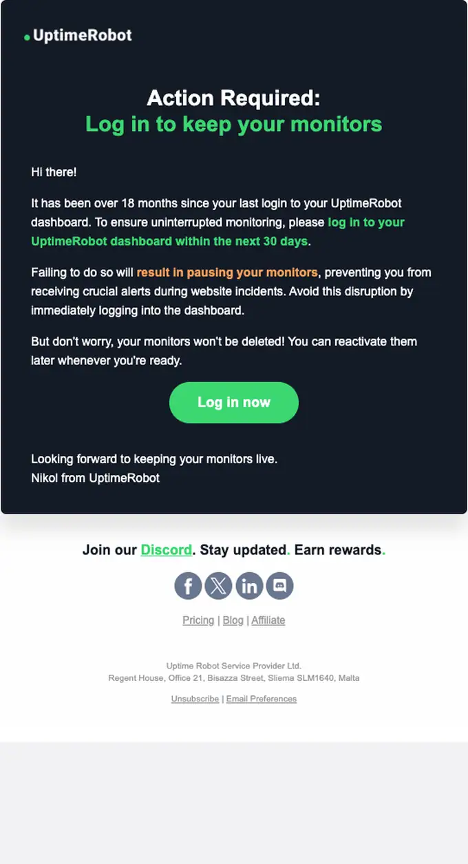 UptimeRobot account notice email, full length