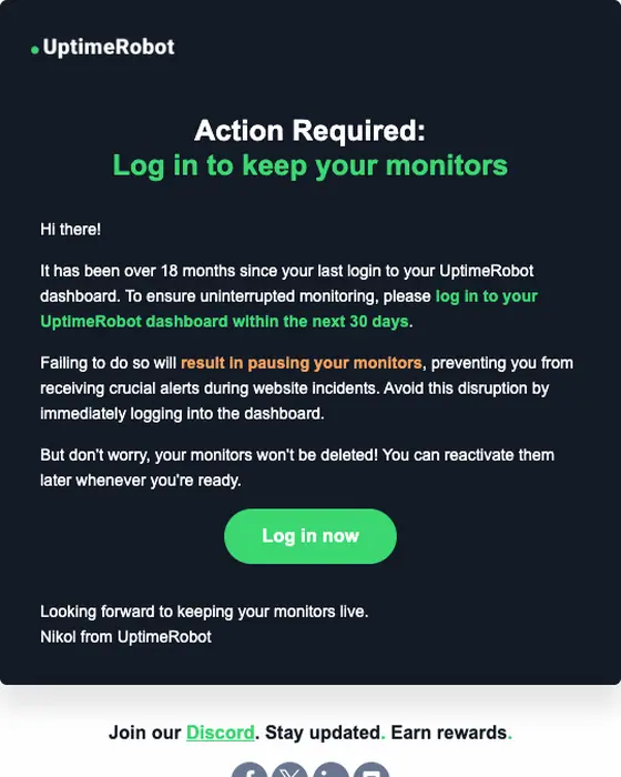 UptimeRobot account notice email