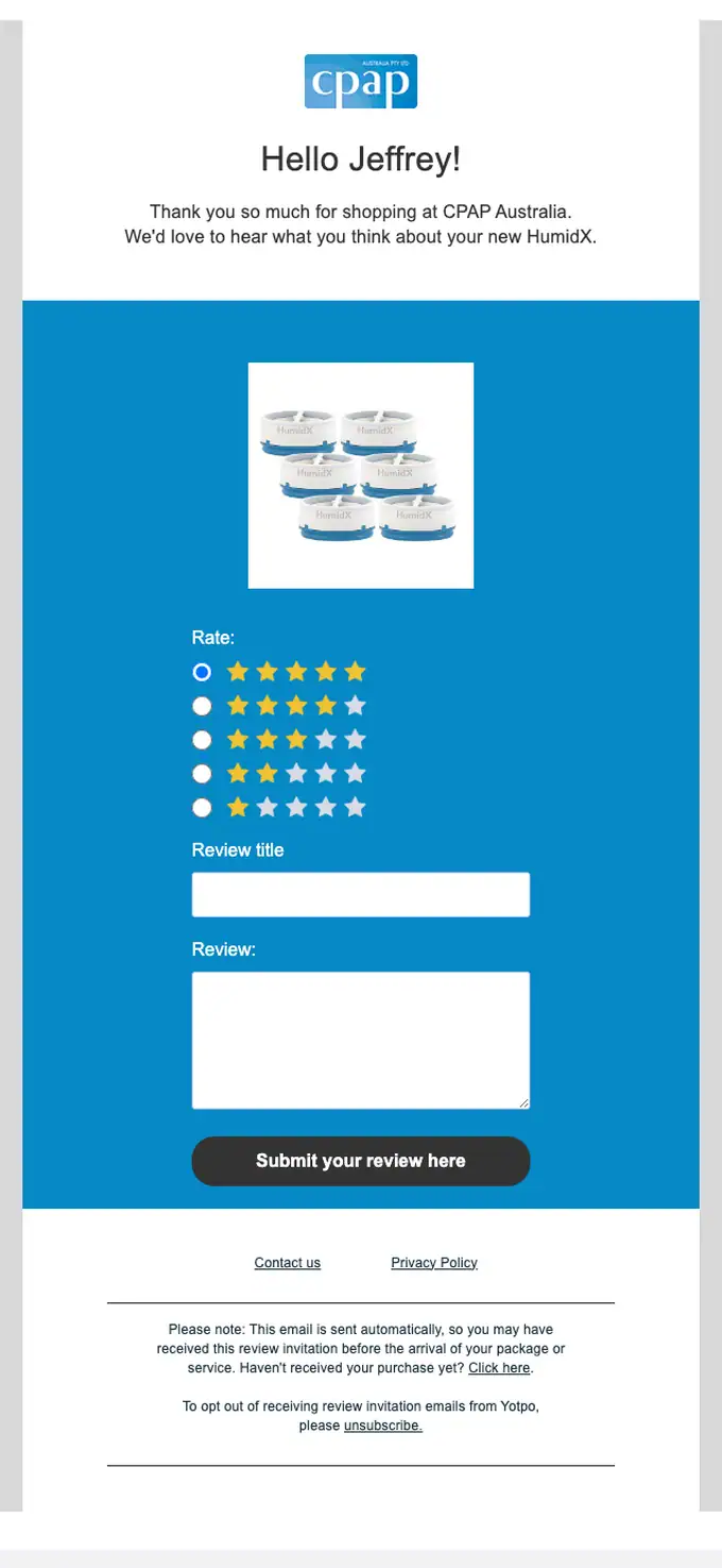 CPAP Australia survey email, full length