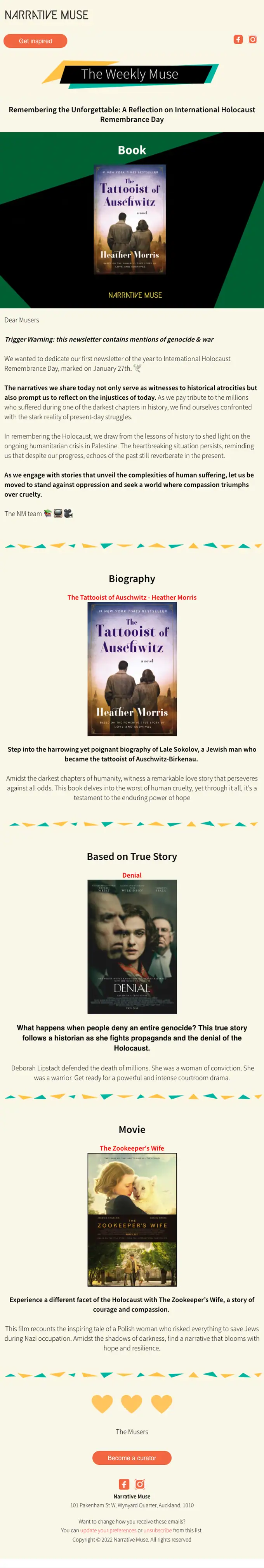 Narrative Muse newsletter email, full length